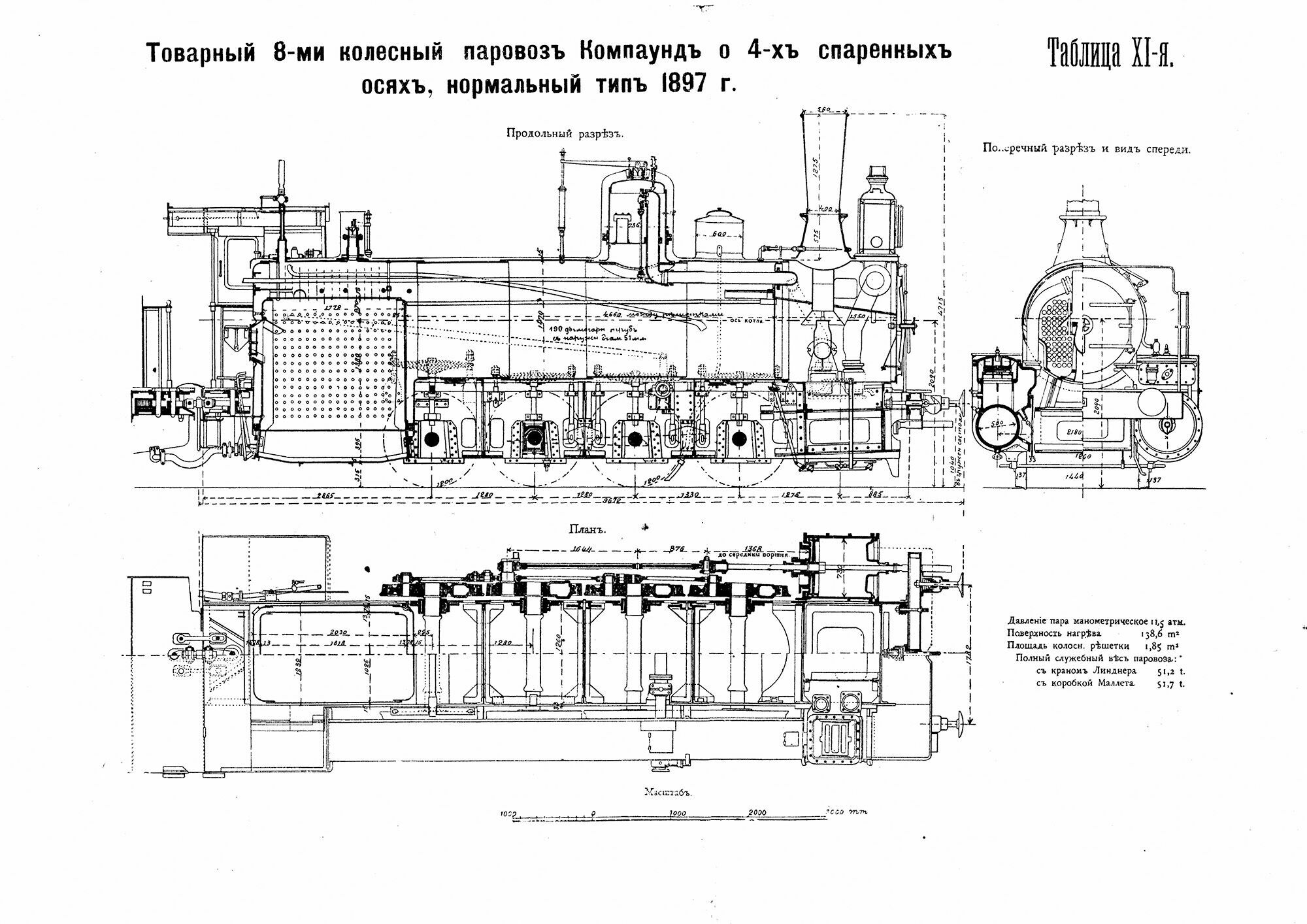 Поперечный разрез товарного восьмиколёсного паровоза компаунд, 1897 год