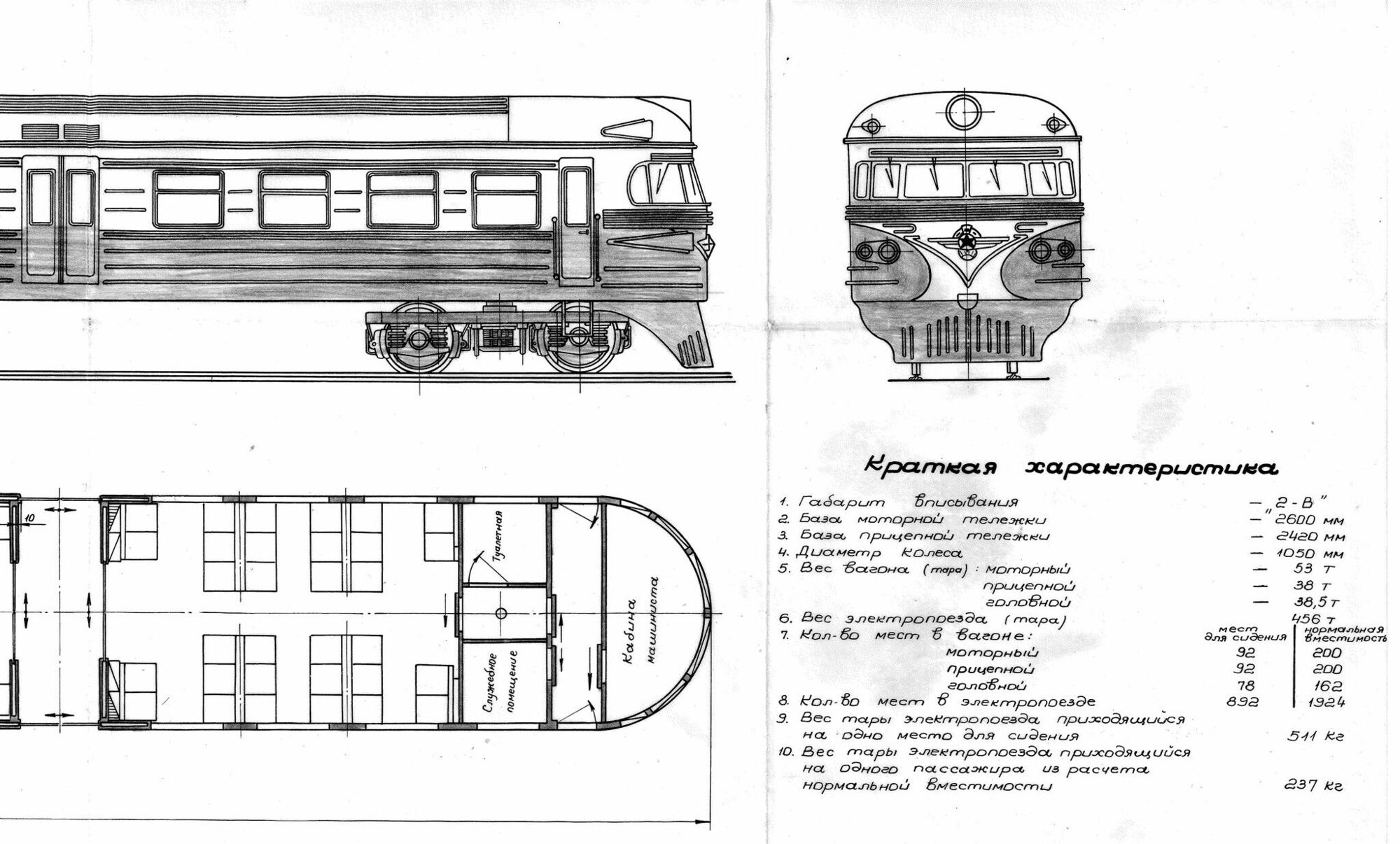 Электропоезд ЭР10. РВЗ. 1958 г. Планировка электропоезда ЭР-10 проектного предложения